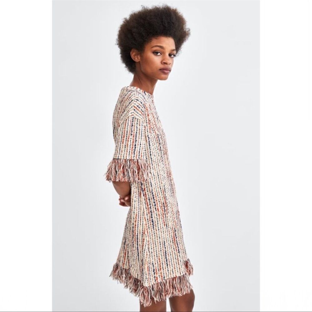 Textured Fringe Shift Dress in Pink Multi